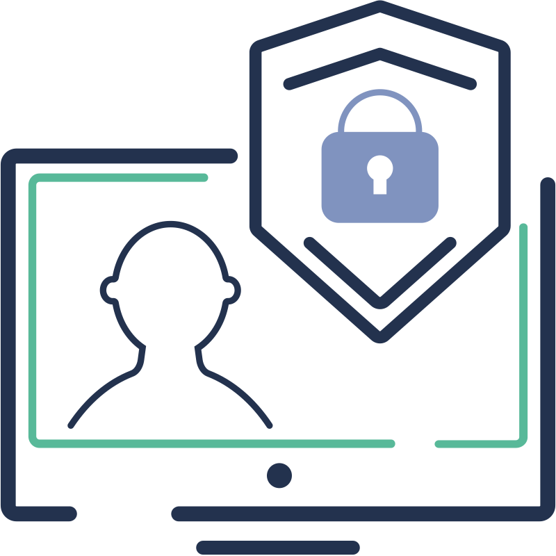 Cyber security icon with a lock on computer screen indicating 'Assured user presence, user consent & privacy protection'